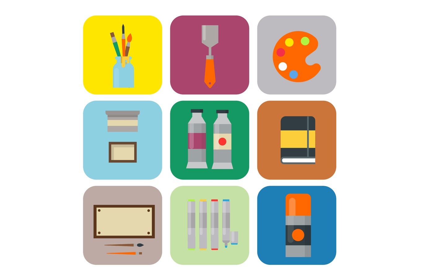 Painting art tools palette icon set flat vector illustration details ...