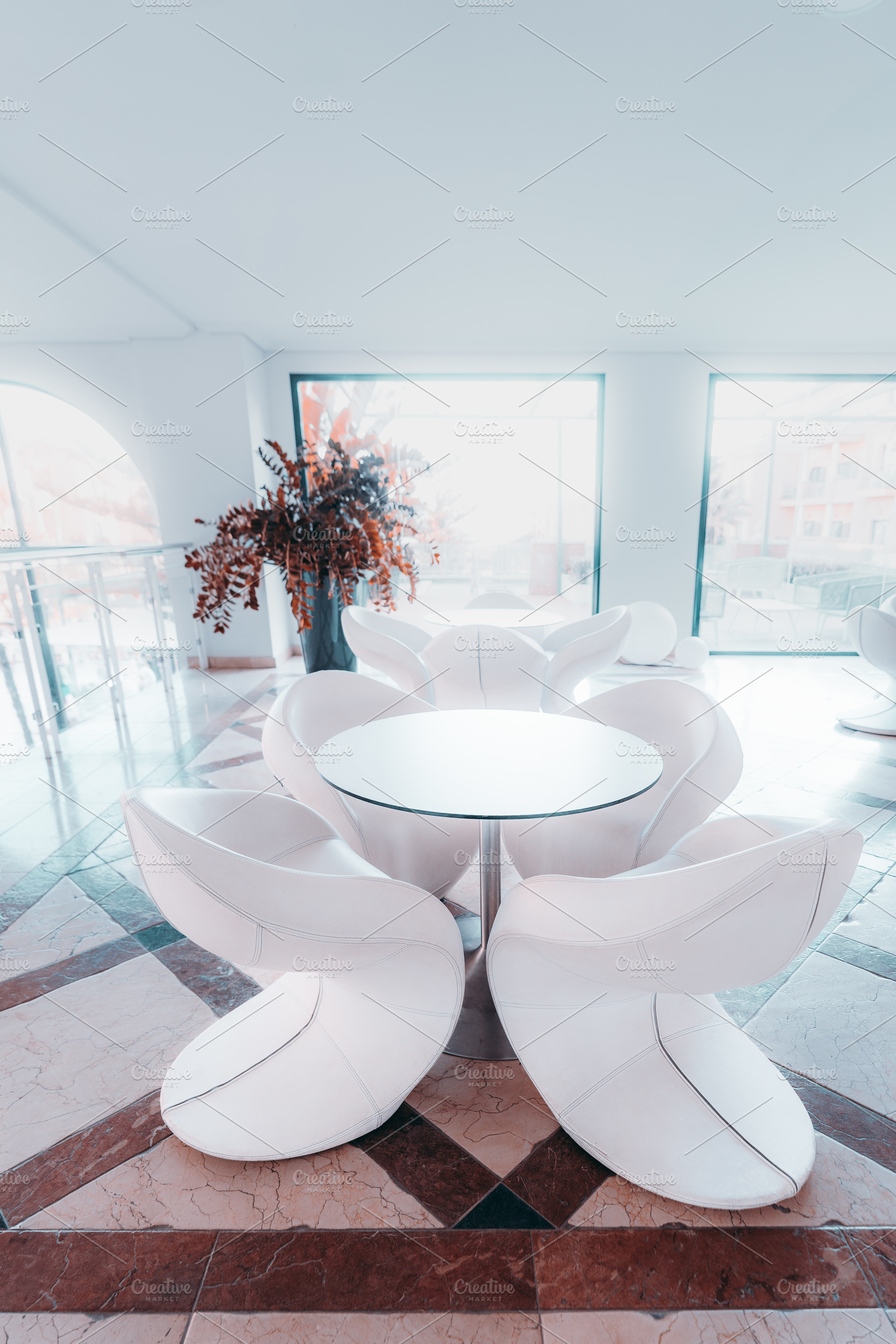 Futuristic white lounge seating, an Architecture Photo by SkyNext