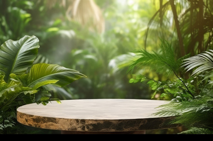 Wood tabletop counter podium floor in outdoors tropical garden forest, an Abstract Photo by Natalia Klenova's Shop