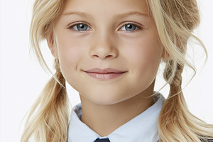 Young blonde student girl smiling, wearing school uniform, pigta, a Person Photo by Studio ANNA