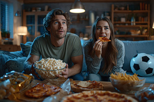 Couple enjoying pizza popcorn and so, a Photo by Pixeness Studio