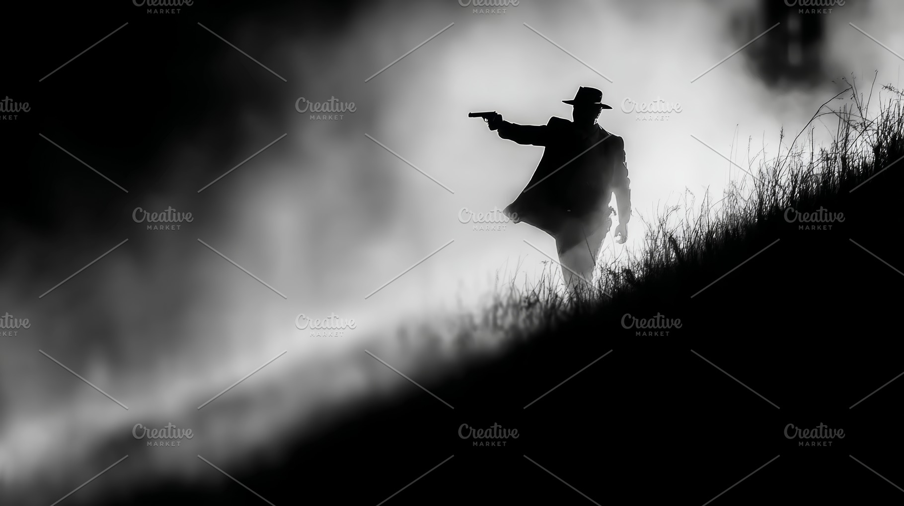 Shadowy silhouette of a figure holding a firearm in a misty terrain, a Photo by AS photostudio