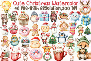 Cute Christmas Watercolor Clipart, an Illustration by Sublimation Artist