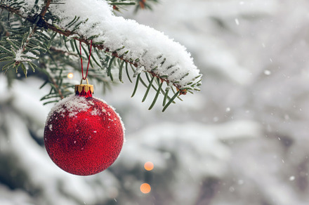 A bright red ornament hangs from a s, a Photo by Iftikhar Alam