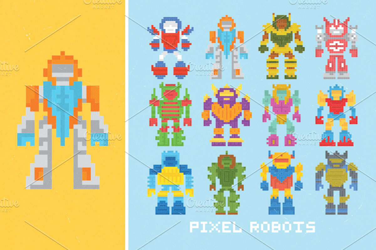 Pixel robots set, an Illustration by Dmitriylo