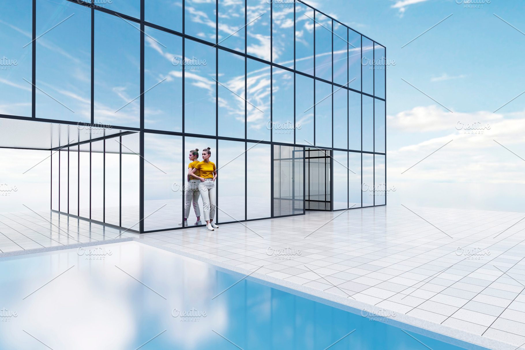 Woman standing near modern glass building and pool, an Architecture Photo by RF Images