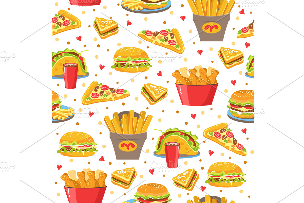 Fast food products seamless pattern, a Food Illustration by Vectorbuum