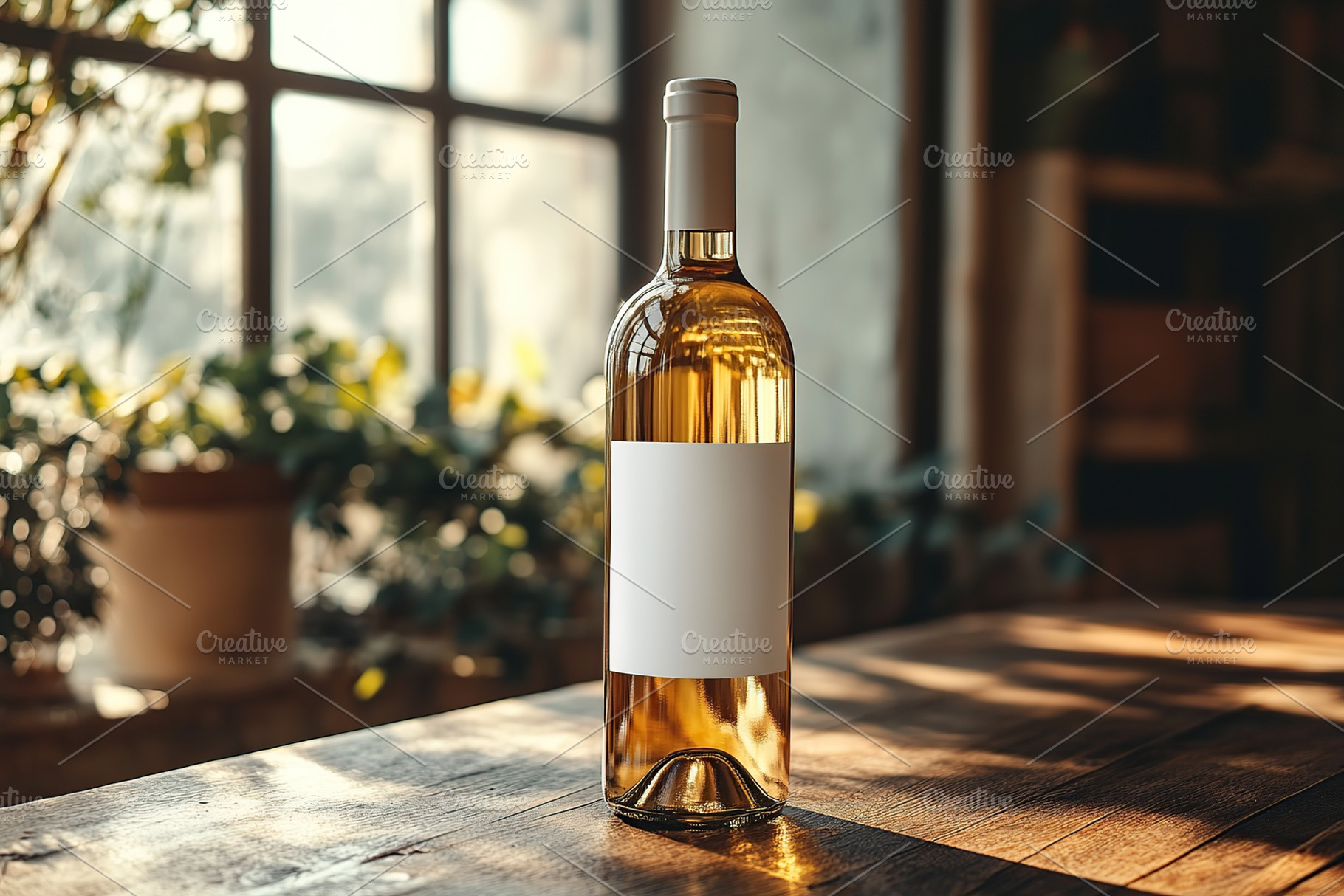 Blank label white wine bottle stands on a wooden table illuminated by warm sunl, a Food & Drink Photo by AlyaAnd