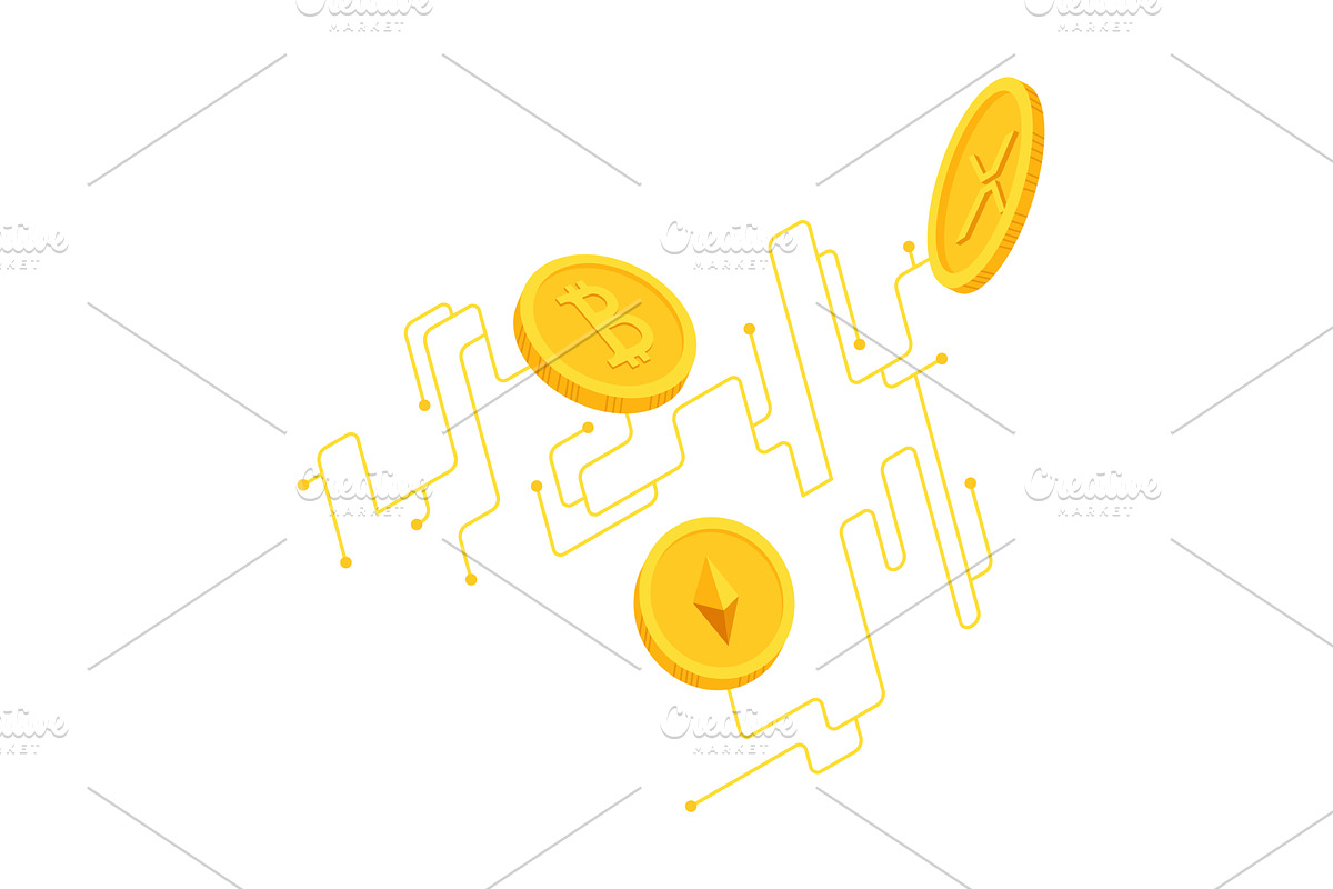 Cryptocurrency coins floating, a Technology Illustration by Things for designers