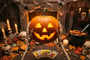 skeleton holding Halloween pumpkin