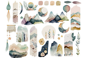 Boho Starry Night Mountain Clipart