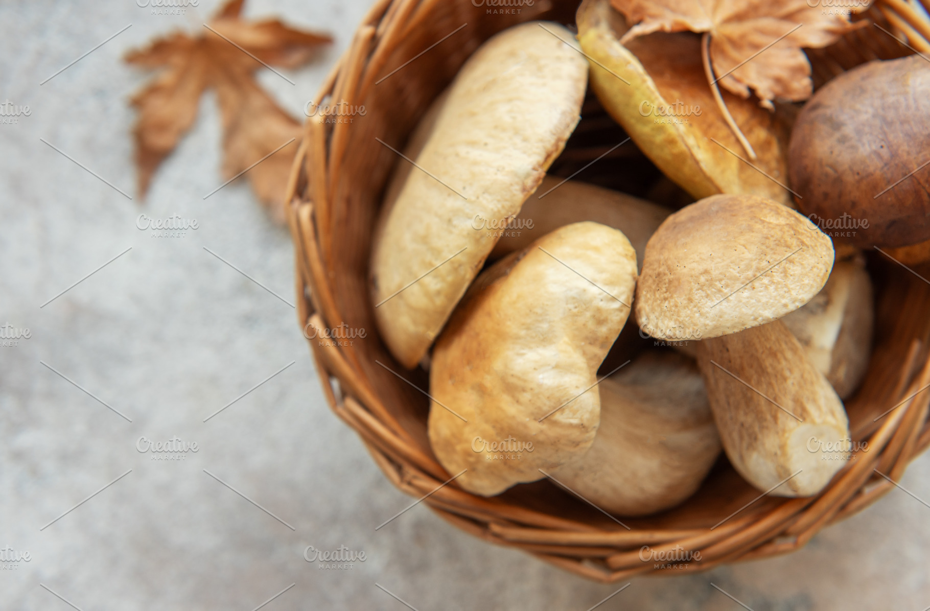 Fresh mushrooms in wicker basket with autumn leaves symbolizing, a Food & Drink Photo by Olena Rudo