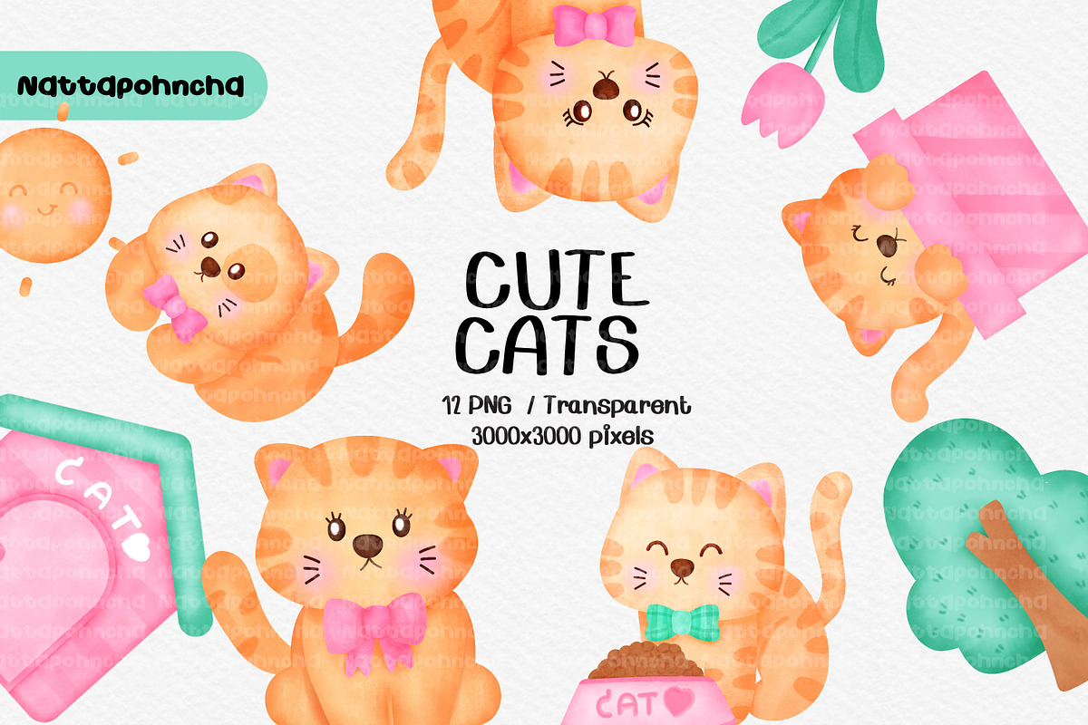 Cute Cat Watercolor Clipart Set, an Animal Illustration by Nattapohncha (Photo 1 of 4)