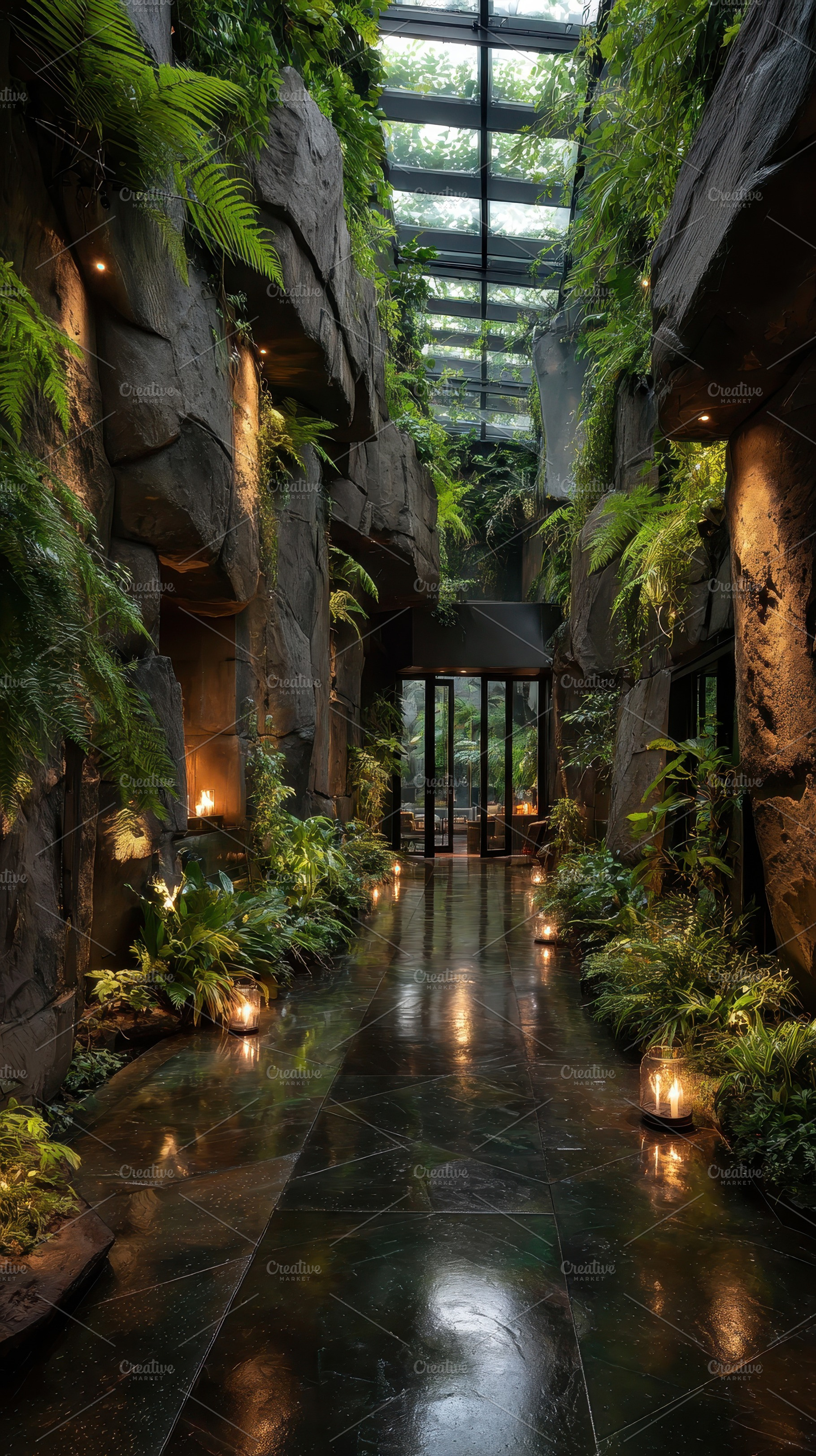 Luxurious indoor garden path with ro, an Abstract Photo by Pixeness Studio