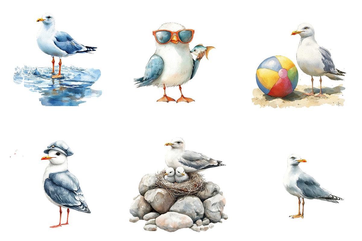 Watercolor Summer Seagulls Clipart, an Illustration by CreationArt (Photo 4 of 5)