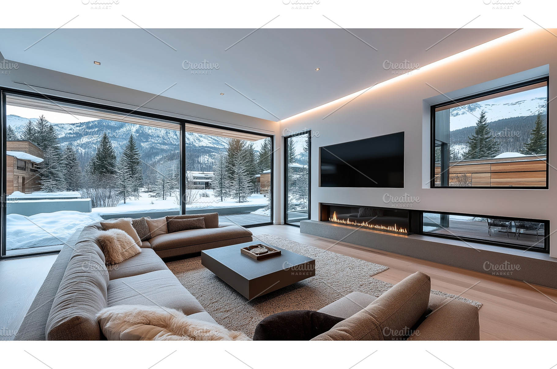 Modern living room with large, an Abstract Photo by Sergey Kotenev