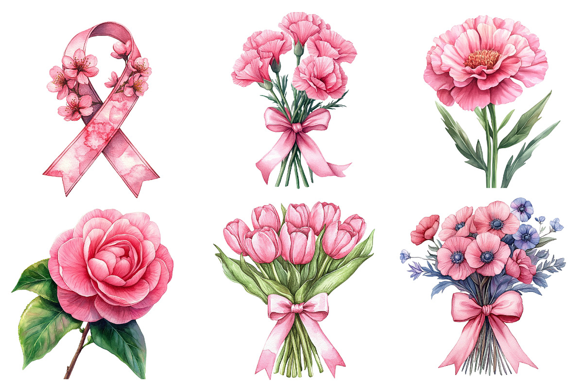 Pink Flowers Watercolor Clipart, an Illustration by Dream Creation (Photo 5 of 7)