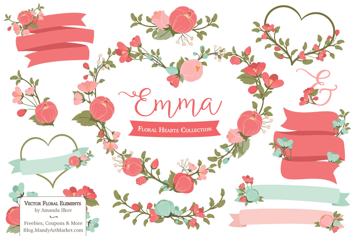 Mint & Coral Floral Heart Vectors, an Illustration by Amanda Ilkov (Photo 1 of 5)