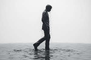 Man walking through a surreal landsc, a Photo by Tanuart