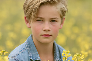 Blonde boy wearing denim shirt, looking at camera while sitting, a Person Photo by Studio ANNA