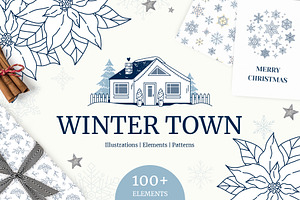 Winter Christmas houses, snowflakes