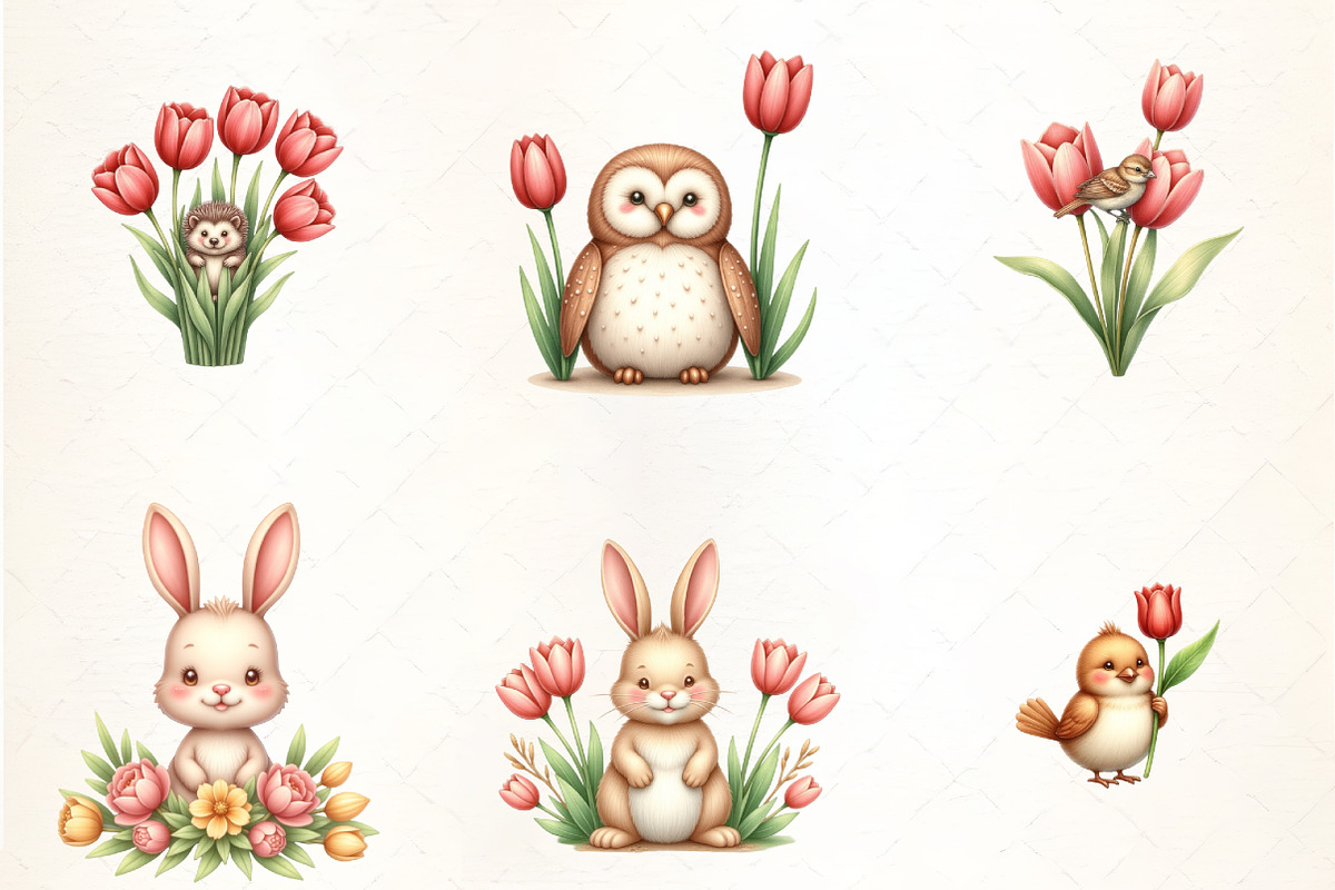 Cute Animals and Tulip Flower Clipar, an Illustration by CrexoraLab (Photo 2 of 5)