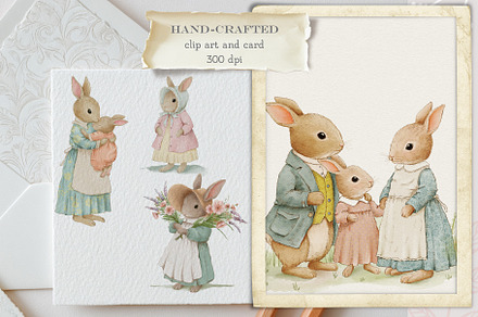 Vintage Watercolor Bunny Clipart Set