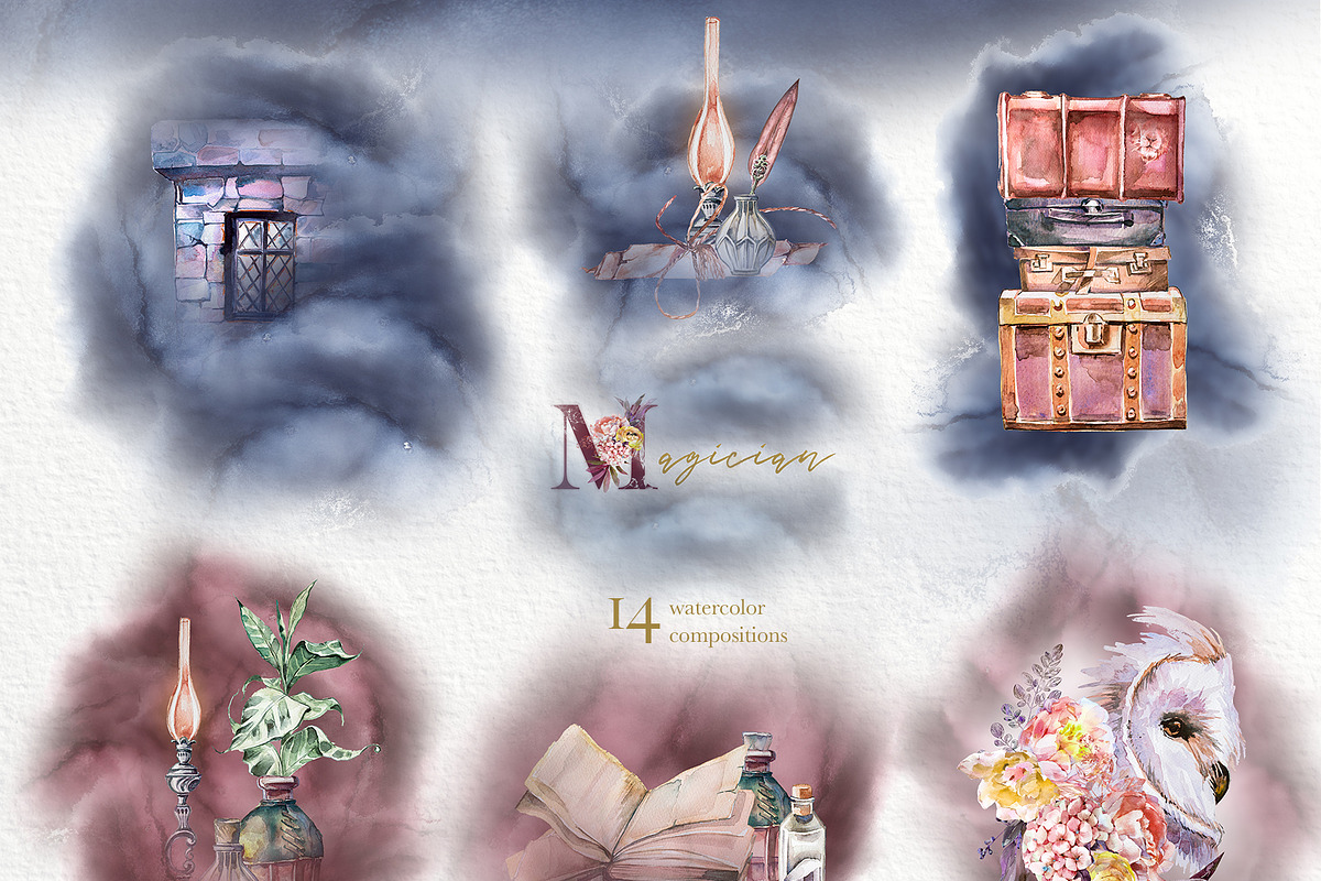 Sale!Watercolor Magician Clipart Set, a Decorative Illustration by ArtCreationsDesign (Photo 3 of 9)