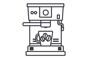 Coffee Machine With Cup Vector Line Icon, Sign, Illustration On Background, Editable Strokes