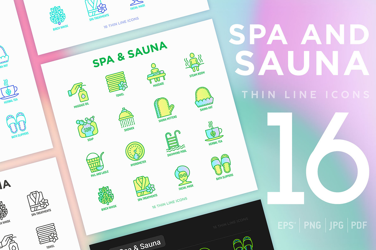 Spa and Sauna | 16 Thin Line Icons, an Outline Icon by Alex Blogoodf (Photo 1 of 11)