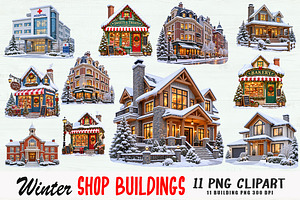 Winter Shop Buildings Clipart Bundle