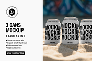 3 Cans Mockup - Beach Scene, a Packaging Mockup by TD Mockup (Thumbnail 1 of 2)