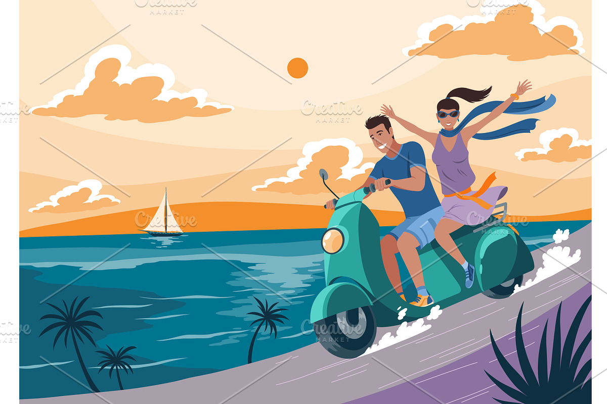 Man and woman on motorbike. Flat, a Transportation Illustration by the8monkey
