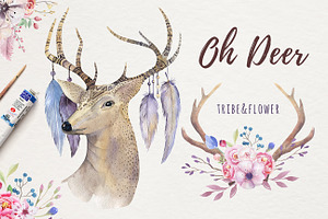 Watercolor Deer And Horns. Bohemian