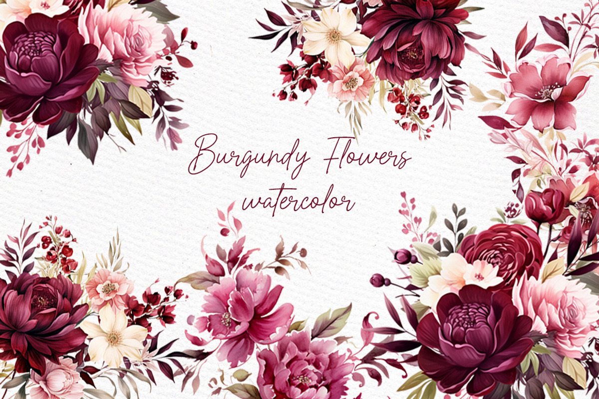 Burgundy Flowers Clipart Watercolor, a Decorative Illustration by LeCoqDesign (Photo 1 of 5)
