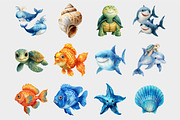 Watercolor Sea Life Kawaii Clipart, a Seasonal Illustration by Design Market (Thumbnail 5 of 5)