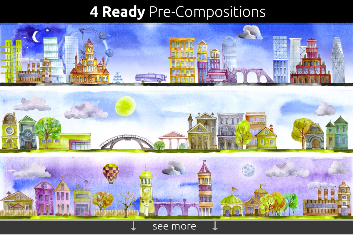 Watercolor set AQUA CITY Constructor, an Illustration by denisespinoza (Photo 4 of 4)