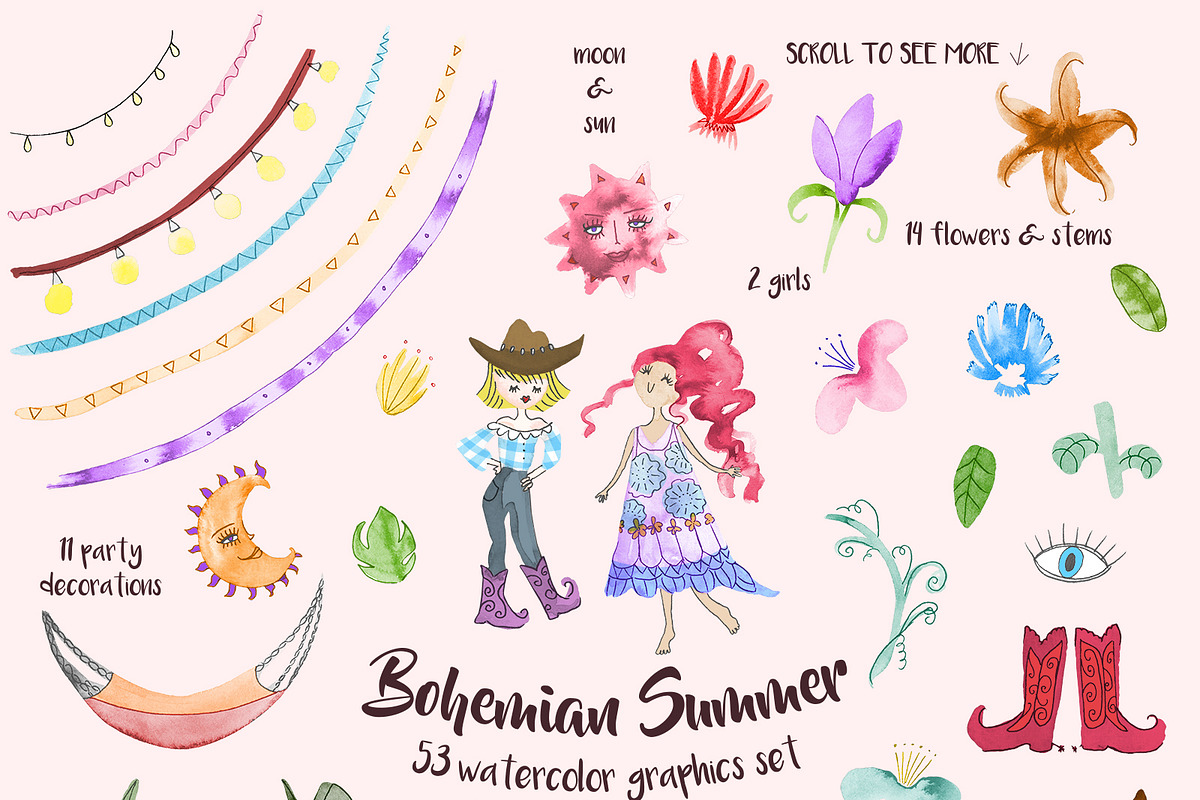 Bohemian Summer Watercolor Set, a Decorative Illustration by SimpleThings (Photo 2 of 9)
