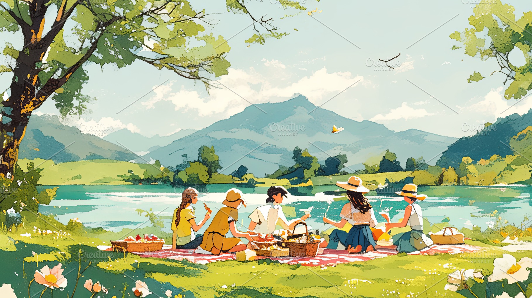 Friends enjoying a picnic by a scenic lake on a sunny day, a Photo by AS photostudio