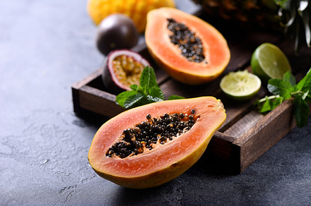 Papaya fruit containing fresh, food, and half