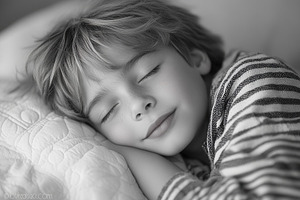 Child peacefully sleeping in a cozy, a Photo by Tanuart