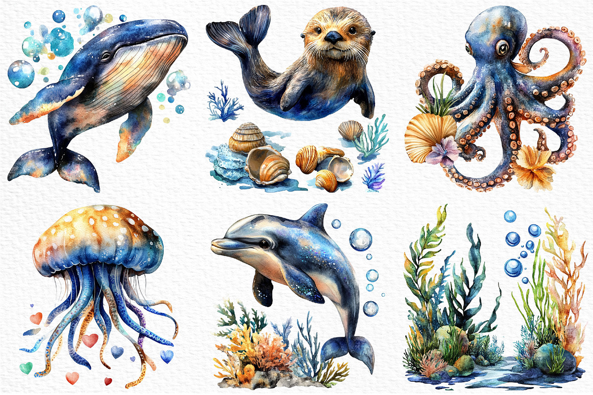 Watercolor Sea Animals Clipart, an Illustration by Craft Nest (Photo 5 of 12)