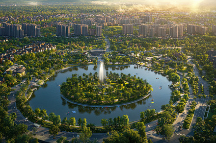 Urban oasis: A serene lake with a lu, a Background Photo by Pixeness