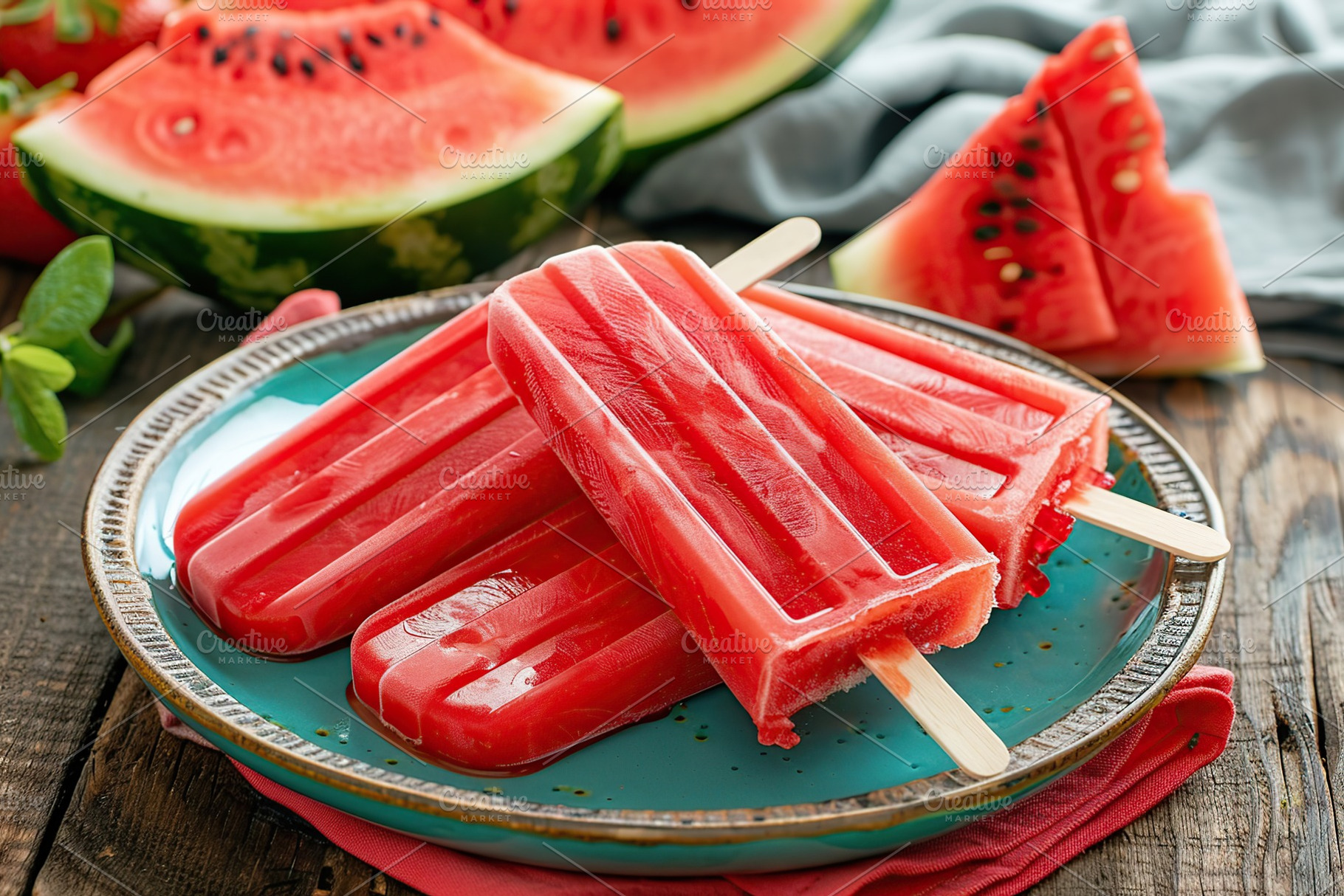 Ice cream popsicles with watermelon in plate on wooden background, a Food & Drink Photo by AlyaAnd