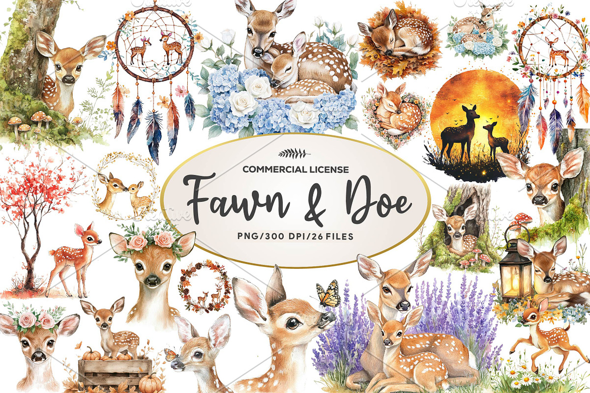Watercolor Fawn & Doe Clipart, an Illustration by CreationArt (Photo 1 of 5)
