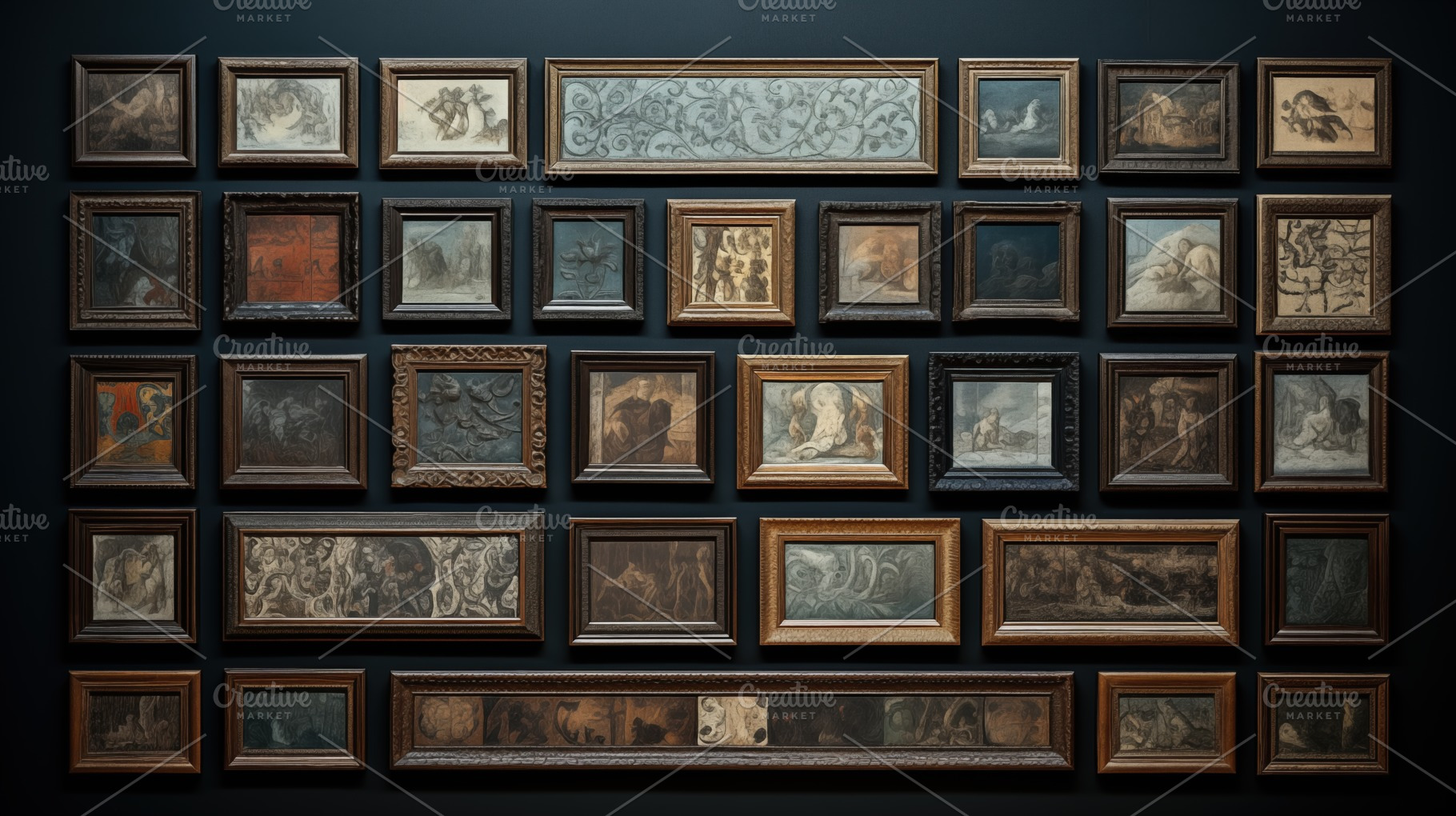 A gallery wall featuring an eclectic arrangement of framed artworks in various, an Arts & Entertainment Photo by Textures & Backgrounds