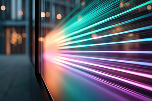 Vibrant light beams reflecting in modern space, an Abstract Photo by AlyaAnd
