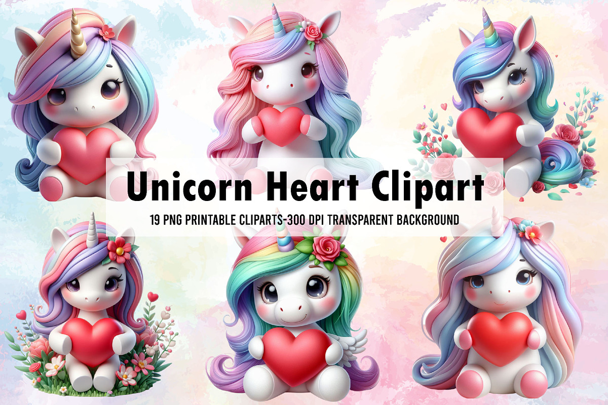 Unicorn Heart Watercolor Clipart, an Illustration by Libby Wishes (Photo 1 of 5)