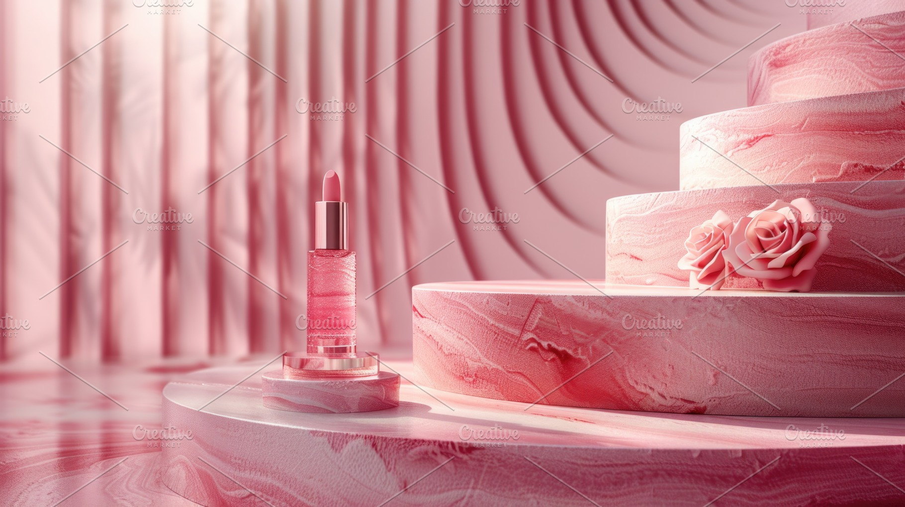 Pink lipstick product display on elegant marble podium with soft, a Nature Photo by José Manuel Gelpi
