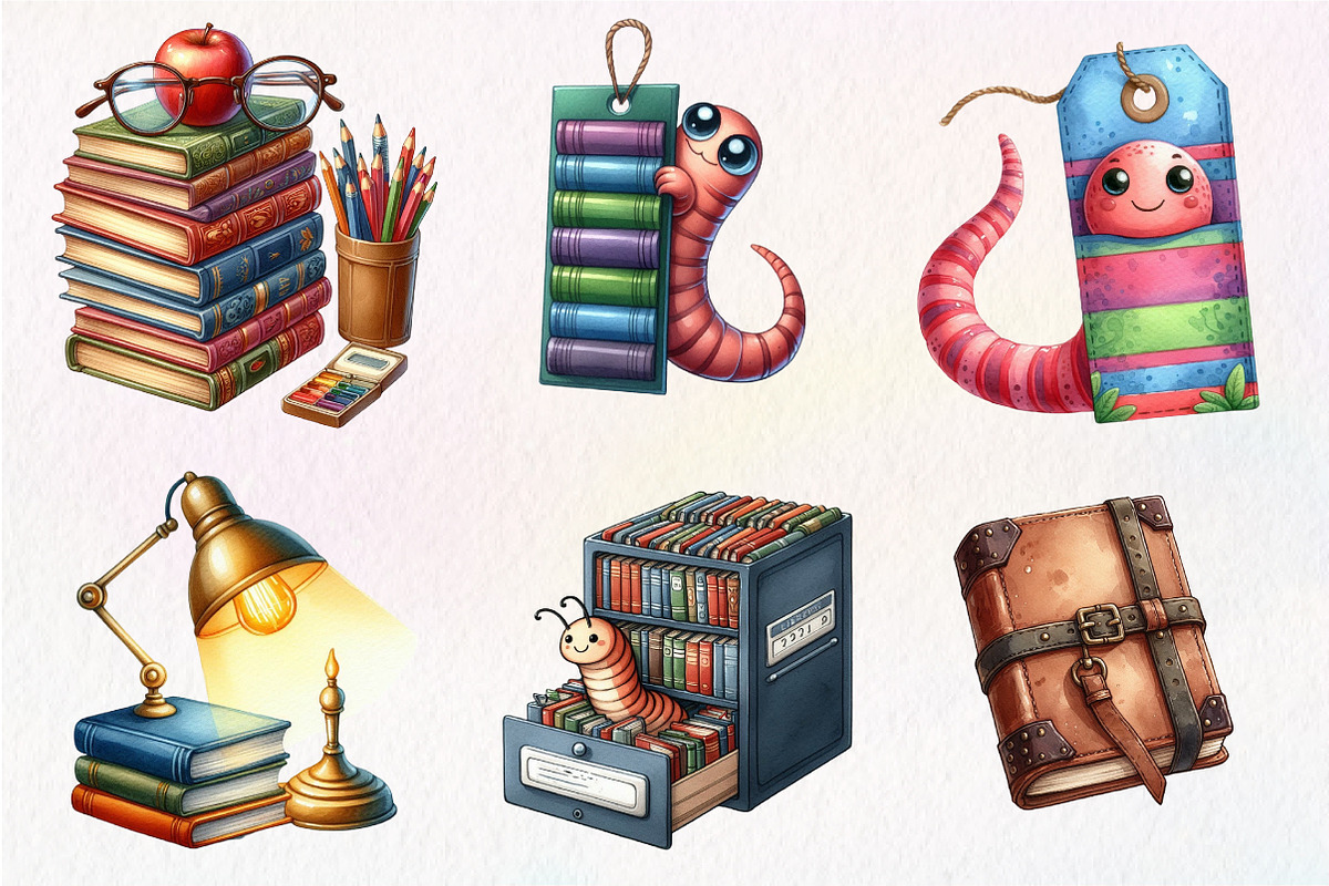 Bookworm Watercolor Clipart, an Illustration by Dream Creation (Photo 5 of 7)